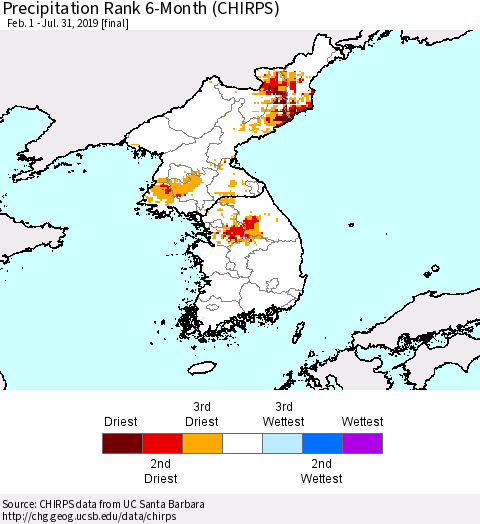 Korea Precipitation Rank since 1981, 6-Month (CHIRPS) Thematic Map For 2/1/2019 - 7/31/2019