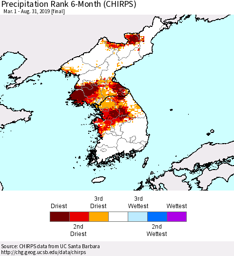 Korea Precipitation Rank since 1981, 6-Month (CHIRPS) Thematic Map For 3/1/2019 - 8/31/2019