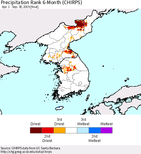 Korea Precipitation Rank 6-Month (CHIRPS) Thematic Map For 4/1/2019 - 9/30/2019