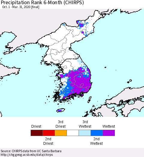 Korea Precipitation Rank 6-Month (CHIRPS) Thematic Map For 10/1/2019 - 3/31/2020