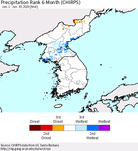 Korea Precipitation Rank since 1981, 6-Month (CHIRPS) Thematic Map For 1/1/2020 - 6/30/2020