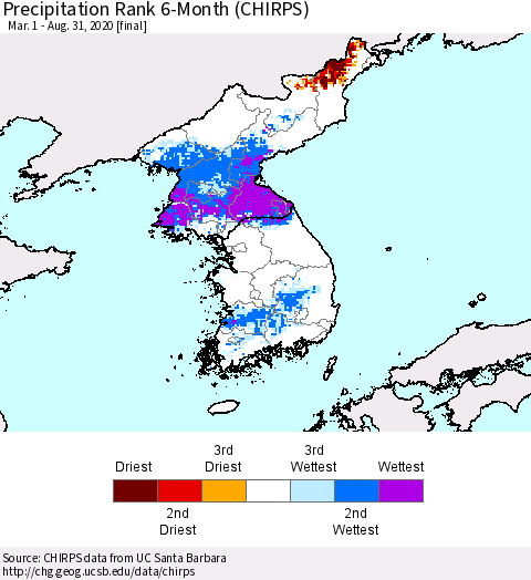 Korea Precipitation Rank since 1981, 6-Month (CHIRPS) Thematic Map For 3/1/2020 - 8/31/2020