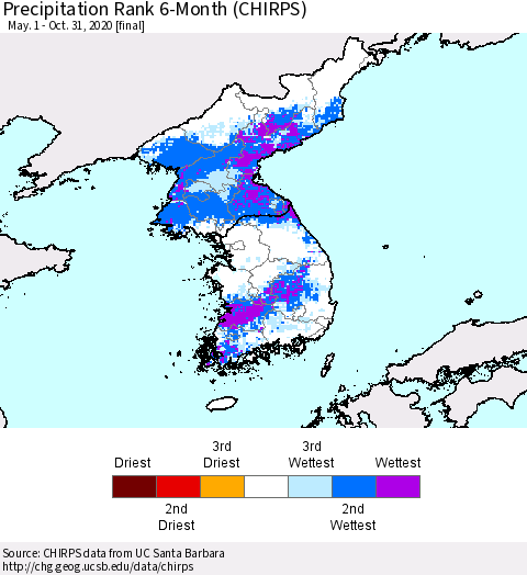Korea Precipitation Rank 6-Month (CHIRPS) Thematic Map For 5/1/2020 - 10/31/2020