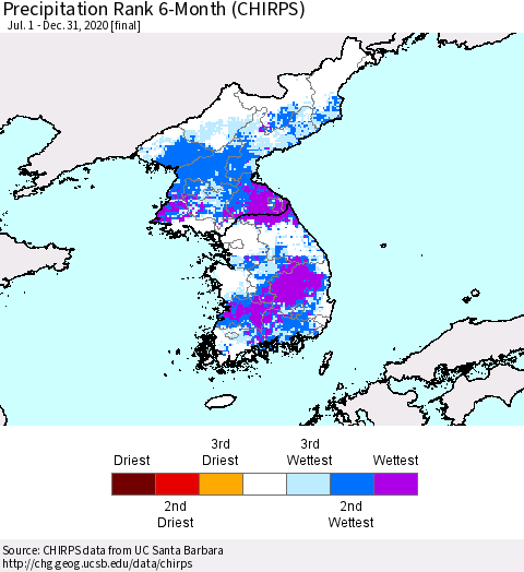 Korea Precipitation Rank 6-Month (CHIRPS) Thematic Map For 7/1/2020 - 12/31/2020