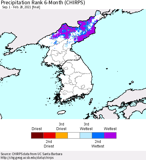 Korea Precipitation Rank 6-Month (CHIRPS) Thematic Map For 9/1/2020 - 2/28/2021