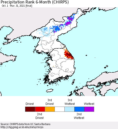 Korea Precipitation Rank since 1981, 6-Month (CHIRPS) Thematic Map For 10/1/2020 - 3/31/2021