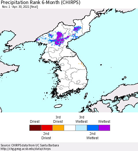 Korea Precipitation Rank 6-Month (CHIRPS) Thematic Map For 11/1/2020 - 4/30/2021