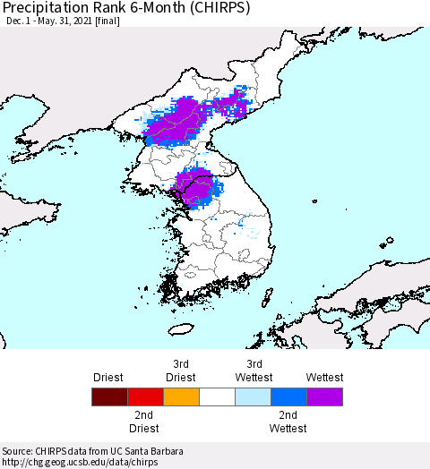 Korea Precipitation Rank 6-Month (CHIRPS) Thematic Map For 12/1/2020 - 5/31/2021