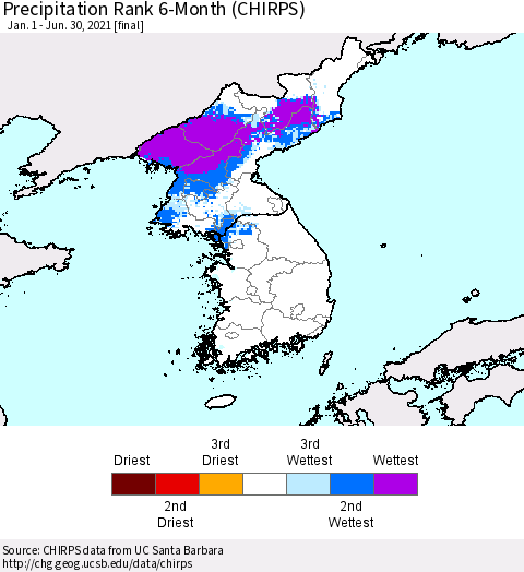 Korea Precipitation Rank 6-Month (CHIRPS) Thematic Map For 1/1/2021 - 6/30/2021
