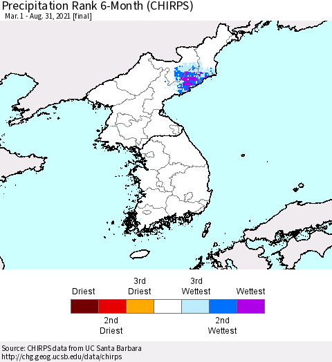 Korea Precipitation Rank 6-Month (CHIRPS) Thematic Map For 3/1/2021 - 8/31/2021