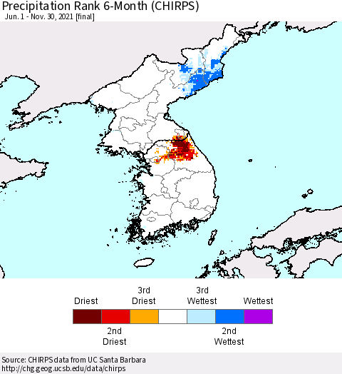 Korea Precipitation Rank since 1981, 6-Month (CHIRPS) Thematic Map For 6/1/2021 - 11/30/2021
