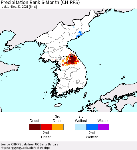 Korea Precipitation Rank since 1981, 6-Month (CHIRPS) Thematic Map For 7/1/2021 - 12/31/2021