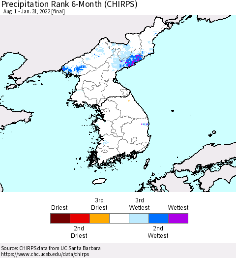 Korea Precipitation Rank since 1981, 6-Month (CHIRPS) Thematic Map For 8/1/2021 - 1/31/2022