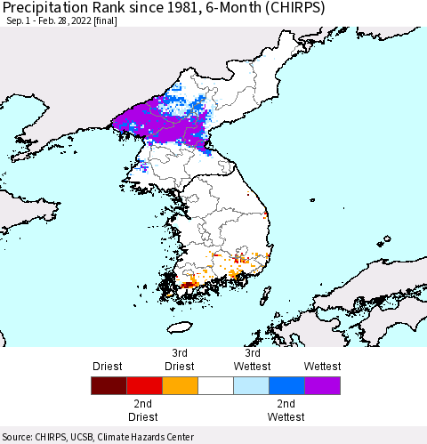 Korea Precipitation Rank since 1981, 6-Month (CHIRPS) Thematic Map For 9/1/2021 - 2/28/2022
