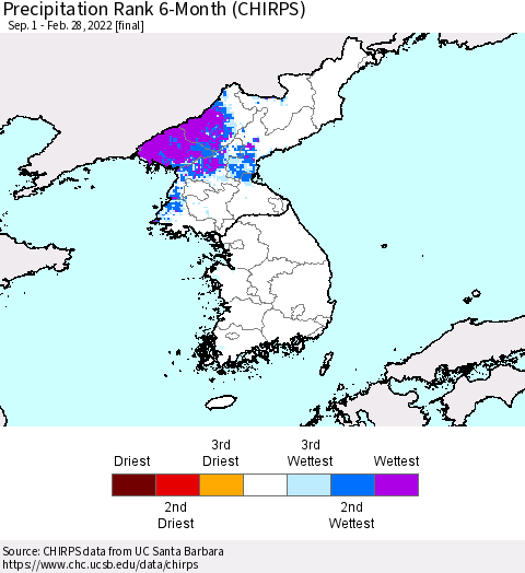 Korea Precipitation Rank since 1981, 6-Month (CHIRPS) Thematic Map For 9/1/2021 - 2/28/2022