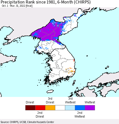 Korea Precipitation Rank since 1981, 6-Month (CHIRPS) Thematic Map For 10/1/2021 - 3/31/2022
