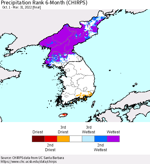 Korea Precipitation Rank since 1981, 6-Month (CHIRPS) Thematic Map For 10/1/2021 - 3/31/2022