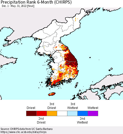 Korea Precipitation Rank since 1981, 6-Month (CHIRPS) Thematic Map For 12/1/2021 - 5/31/2022