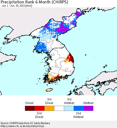 Korea Precipitation Rank since 1981, 6-Month (CHIRPS) Thematic Map For 1/1/2022 - 6/30/2022