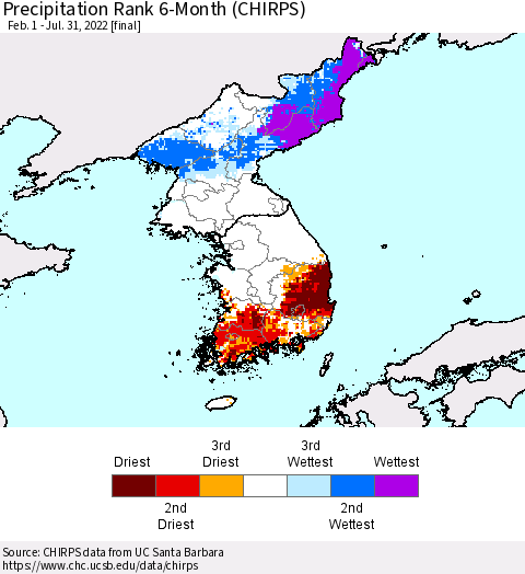 Korea Precipitation Rank since 1981, 6-Month (CHIRPS) Thematic Map For 2/1/2022 - 7/31/2022
