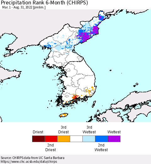 Korea Precipitation Rank since 1981, 6-Month (CHIRPS) Thematic Map For 3/1/2022 - 8/31/2022