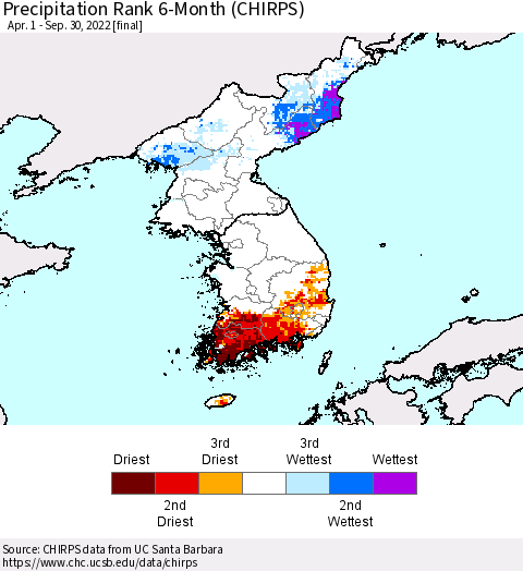 Korea Precipitation Rank since 1981, 6-Month (CHIRPS) Thematic Map For 4/1/2022 - 9/30/2022
