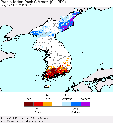 Korea Precipitation Rank 6-Month (CHIRPS) Thematic Map For 5/1/2022 - 10/31/2022