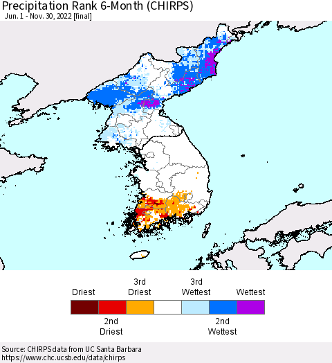 Korea Precipitation Rank since 1981, 6-Month (CHIRPS) Thematic Map For 6/1/2022 - 11/30/2022