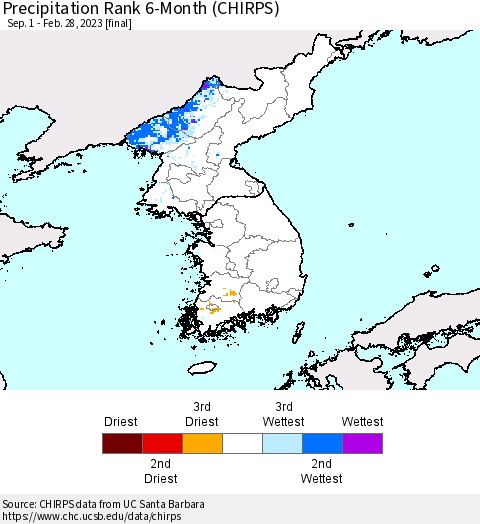 Korea Precipitation Rank 6-Month (CHIRPS) Thematic Map For 9/1/2022 - 2/28/2023