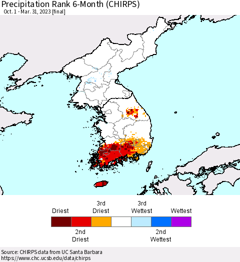 Korea Precipitation Rank since 1981, 6-Month (CHIRPS) Thematic Map For 10/1/2022 - 3/31/2023