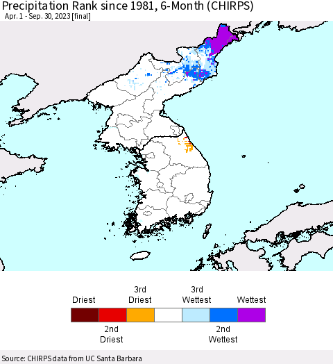 Korea Precipitation Rank since 1981, 6-Month (CHIRPS) Thematic Map For 4/1/2023 - 9/30/2023