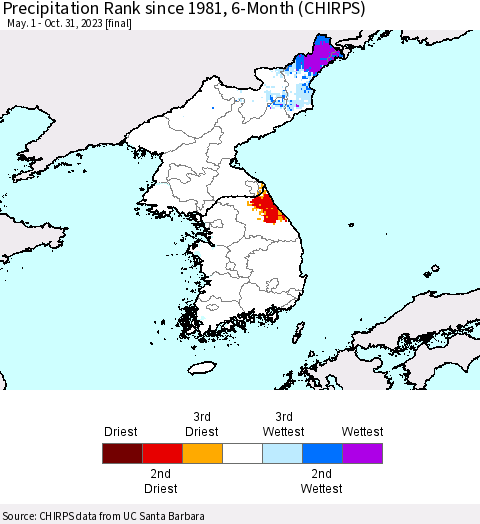 Korea Precipitation Rank since 1981, 6-Month (CHIRPS) Thematic Map For 5/1/2023 - 10/31/2023