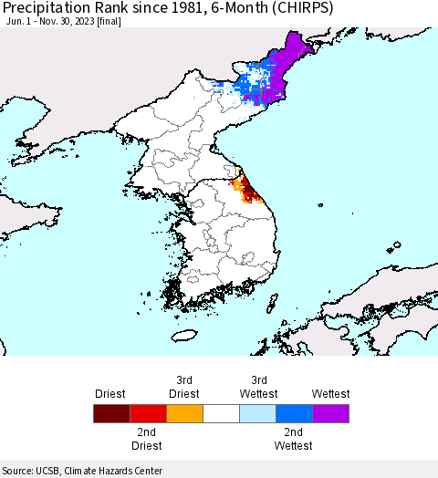 Korea Precipitation Rank since 1981, 6-Month (CHIRPS) Thematic Map For 6/1/2023 - 11/30/2023