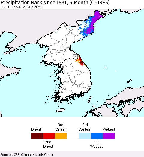 Korea Precipitation Rank since 1981, 6-Month (CHIRPS) Thematic Map For 7/1/2023 - 12/31/2023