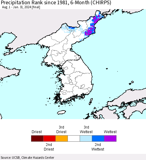 Korea Precipitation Rank since 1981, 6-Month (CHIRPS) Thematic Map For 8/1/2023 - 1/31/2024