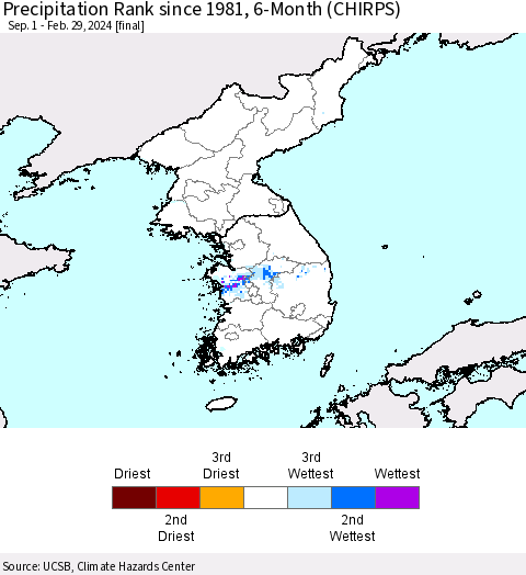 Korea Precipitation Rank since 1981, 6-Month (CHIRPS) Thematic Map For 9/1/2023 - 2/29/2024