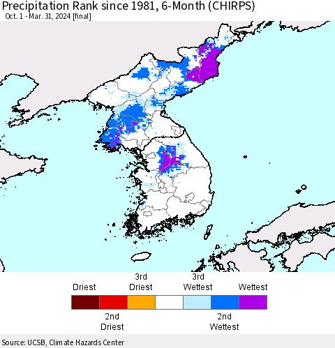 Korea Precipitation Rank since 1981, 6-Month (CHIRPS) Thematic Map For 10/1/2023 - 3/31/2024