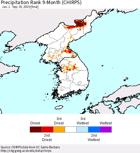 Korea Precipitation Rank since 1981, 9-Month (CHIRPS) Thematic Map For 1/1/2019 - 9/30/2019
