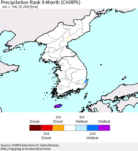 Korea Precipitation Rank 9-Month (CHIRPS) Thematic Map For 6/1/2019 - 2/29/2020