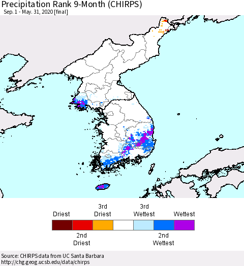 Korea Precipitation Rank 9-Month (CHIRPS) Thematic Map For 9/1/2019 - 5/31/2020