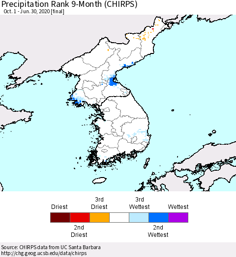 Korea Precipitation Rank since 1981, 9-Month (CHIRPS) Thematic Map For 10/1/2019 - 6/30/2020