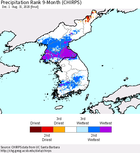 Korea Precipitation Rank 9-Month (CHIRPS) Thematic Map For 12/1/2019 - 8/31/2020