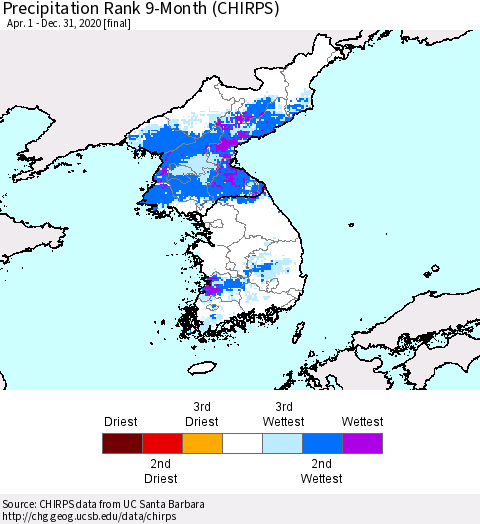 Korea Precipitation Rank since 1981, 9-Month (CHIRPS) Thematic Map For 4/1/2020 - 12/31/2020