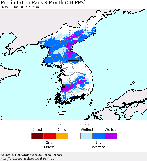Korea Precipitation Rank since 1981, 9-Month (CHIRPS) Thematic Map For 5/1/2020 - 1/31/2021