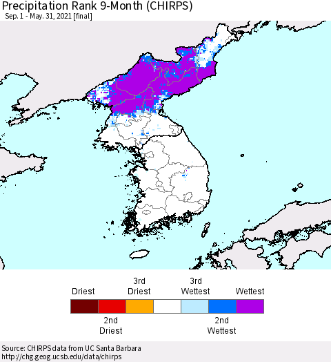 Korea Precipitation Rank 9-Month (CHIRPS) Thematic Map For 9/1/2020 - 5/31/2021