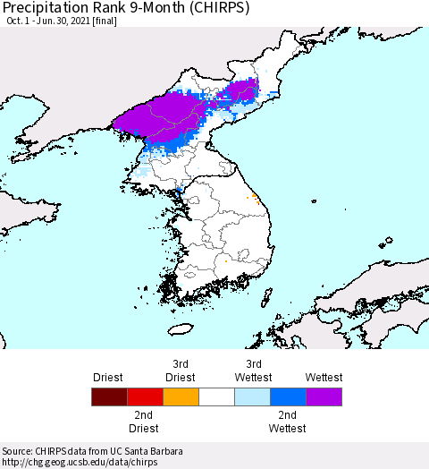Korea Precipitation Rank 9-Month (CHIRPS) Thematic Map For 10/1/2020 - 6/30/2021