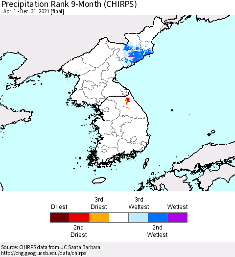 Korea Precipitation Rank since 1981, 9-Month (CHIRPS) Thematic Map For 4/1/2021 - 12/31/2021