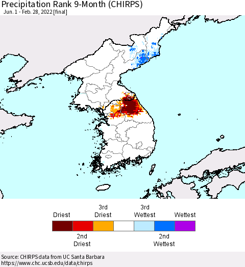 Korea Precipitation Rank since 1981, 9-Month (CHIRPS) Thematic Map For 6/1/2021 - 2/28/2022