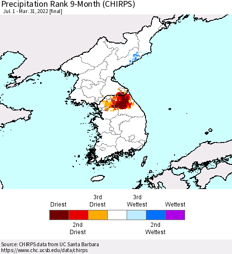 Korea Precipitation Rank since 1981, 9-Month (CHIRPS) Thematic Map For 7/1/2021 - 3/31/2022
