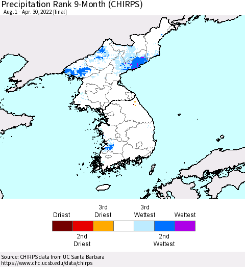 Korea Precipitation Rank since 1981, 9-Month (CHIRPS) Thematic Map For 8/1/2021 - 4/30/2022